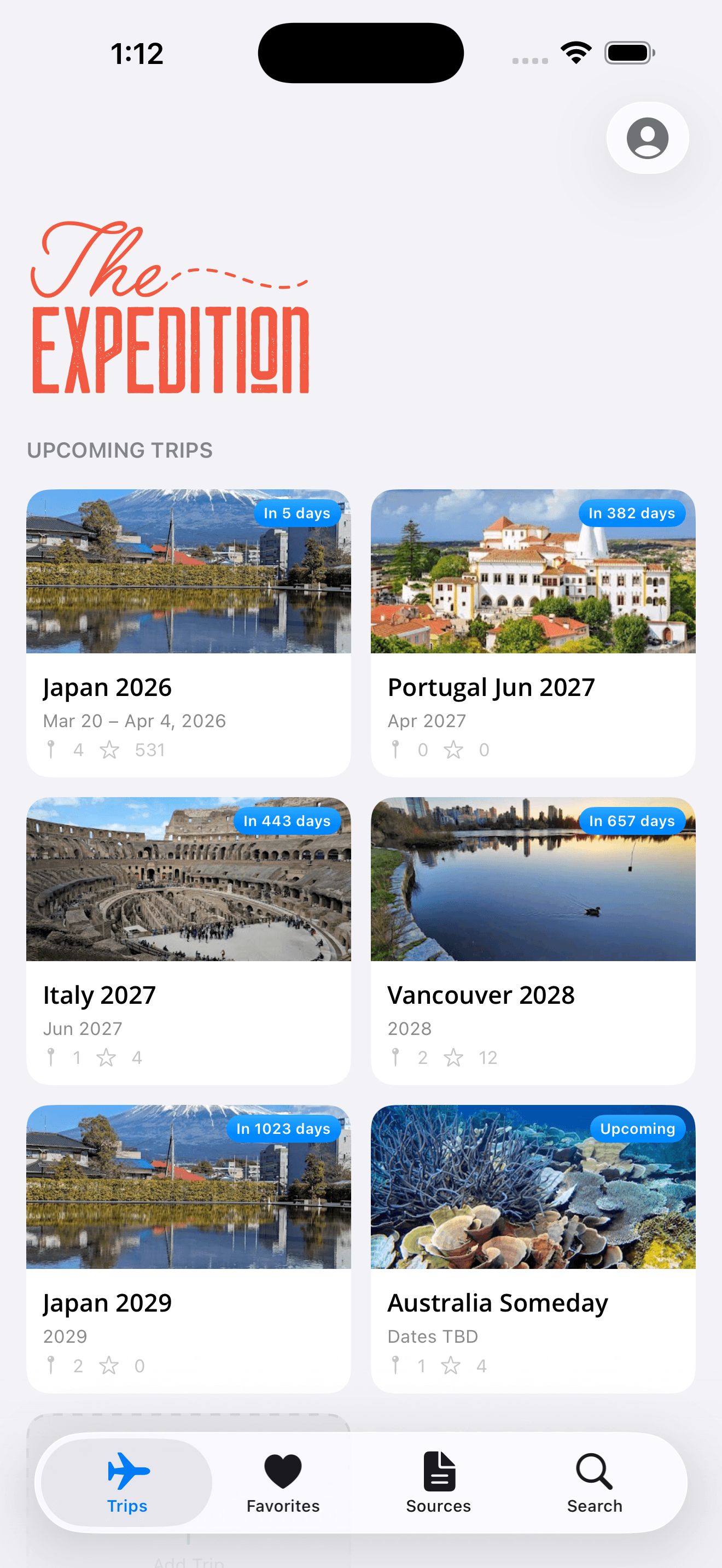 The Expedition app showing a list of trips
